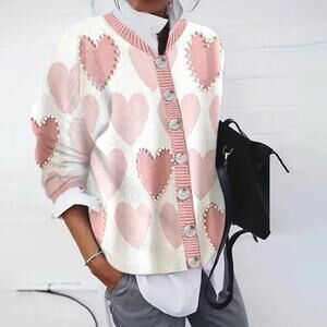 NWT Unbranded Pink White Heart Pearl Beaded Valentines Cardigan XL